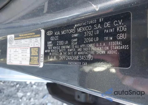 2021 Kia Forte Lxs from USA, damaged, VIN 3KPF24AD6ME345320